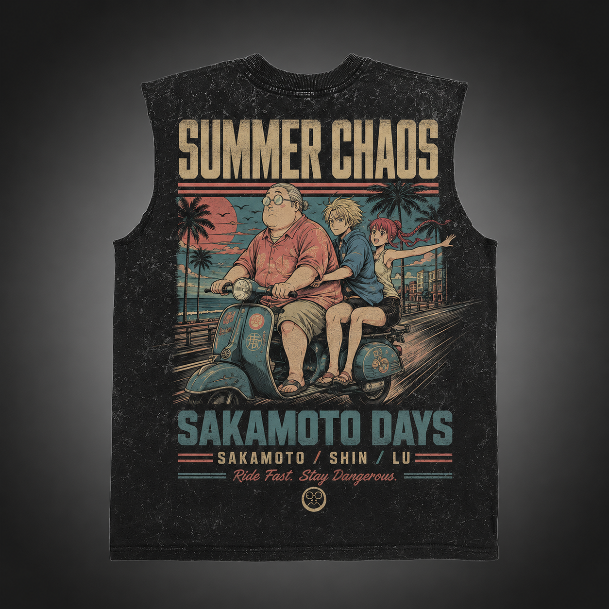Washed black tank top with Taro Sakamoto & Shin Asakura Sakamoto Days Summer Chaos graphic – photo 1