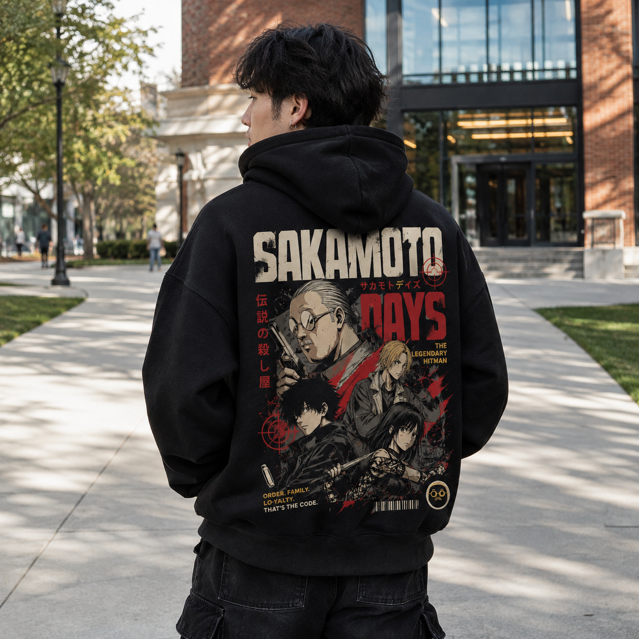 Black hoodie with Taro Sakamoto & Shin Asakura Sakamoto Days Thats The Code graphic – photo 3