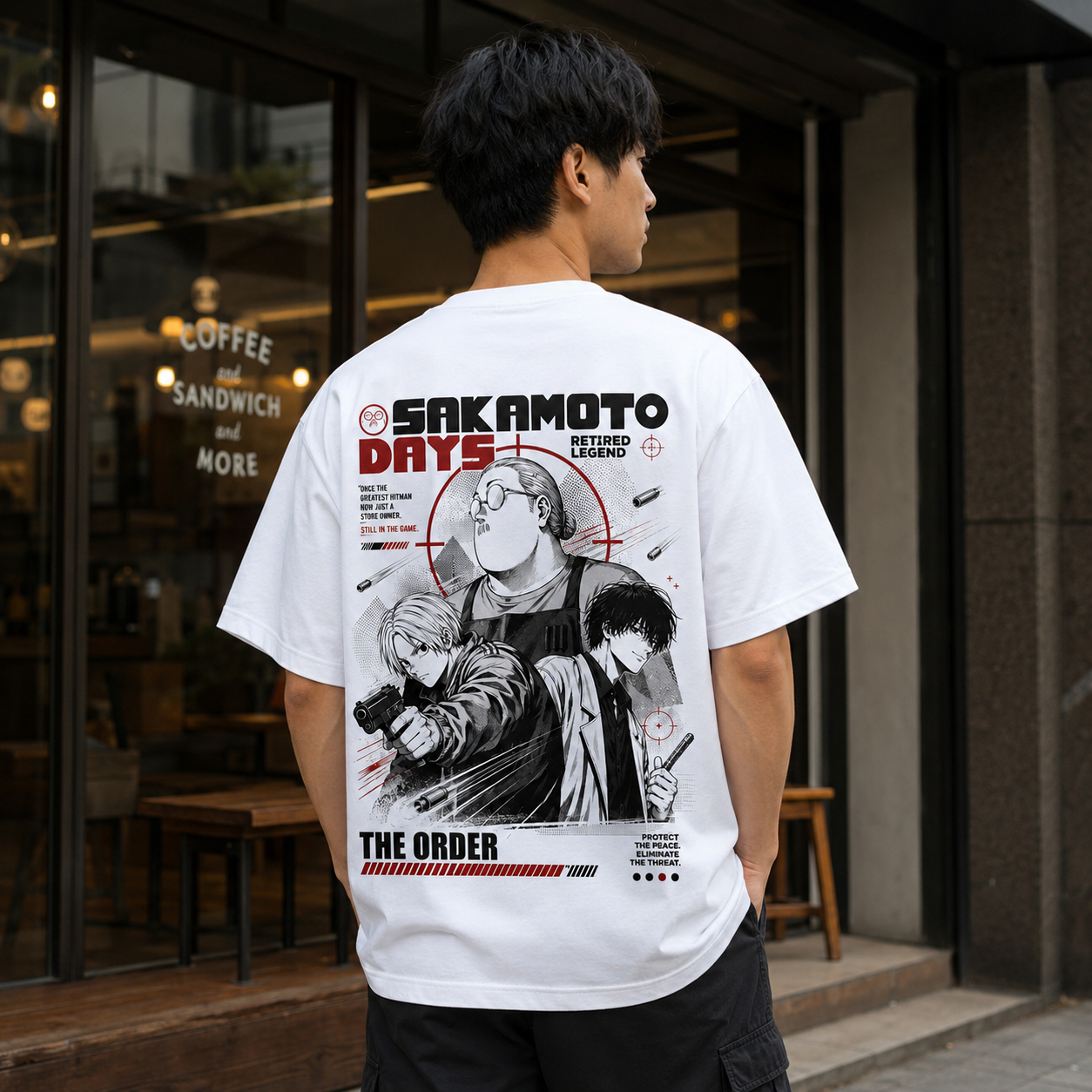 White t-shirt with Taro Sakamoto & Shin Asakura Sakamoto Days The Order graphic – photo 3