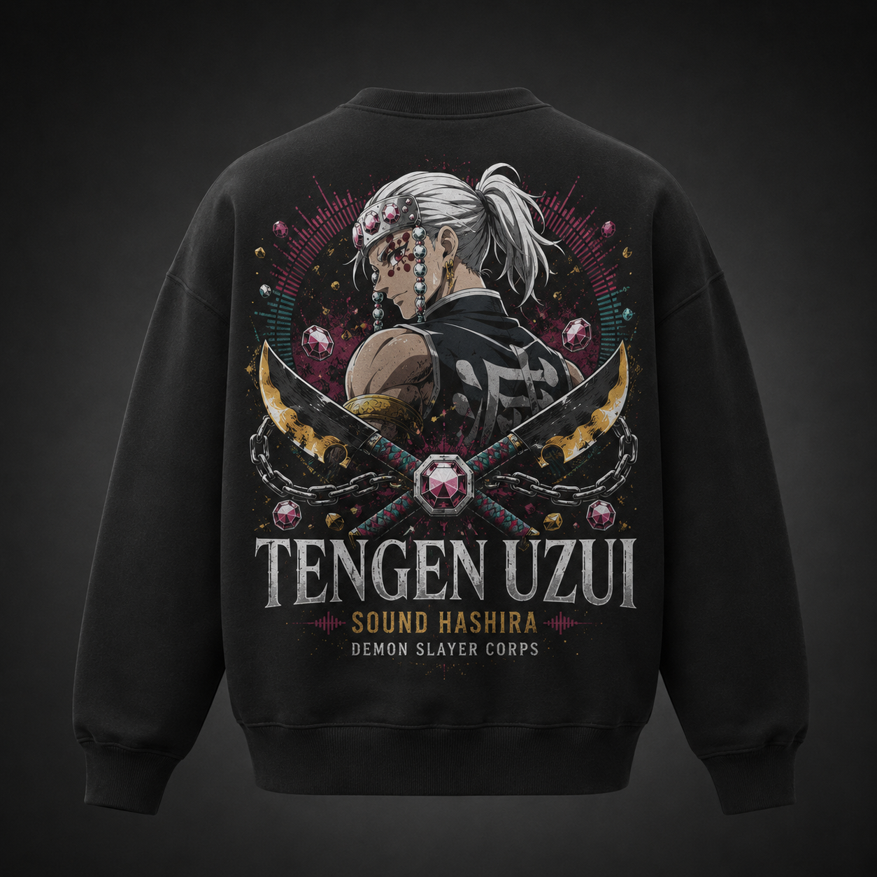 Black sweatshirt with Tengen Uzui Demon Slayer Sound Hashira Flash graphic – photo 1