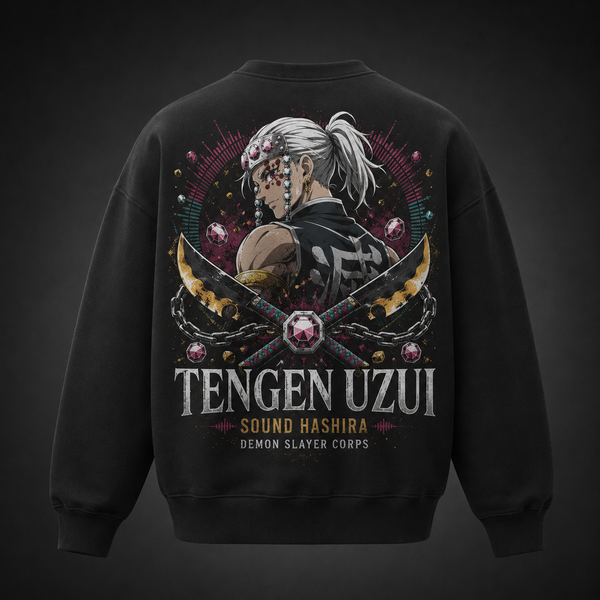 Black sweatshirt with Tengen Uzui Demon Slayer Sound Hashira Flash graphic – photo 1