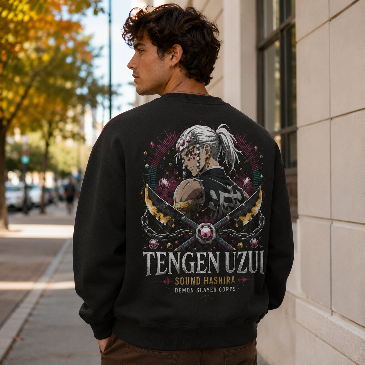 Black sweatshirt with Tengen Uzui Demon Slayer Sound Hashira Flash graphic – photo 3