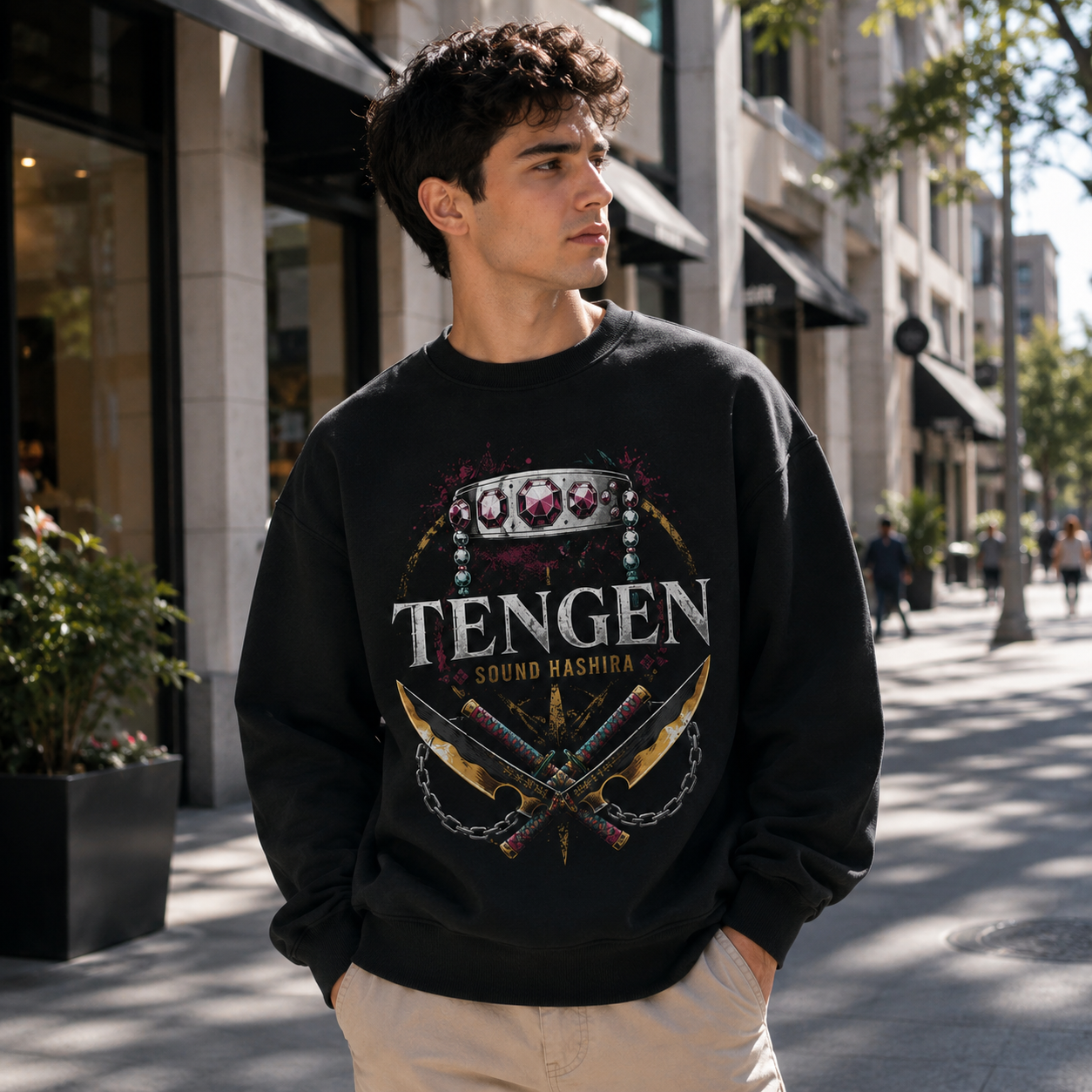 Black sweatshirt with Tengen Uzui Demon Slayer Sound Hashira Flash graphic – photo 4