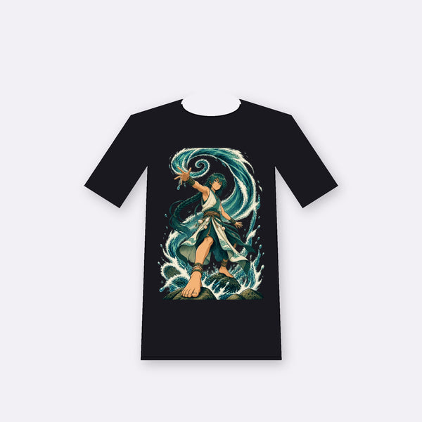 Tidecaller original anime-inspired graphic on a black oversize tee