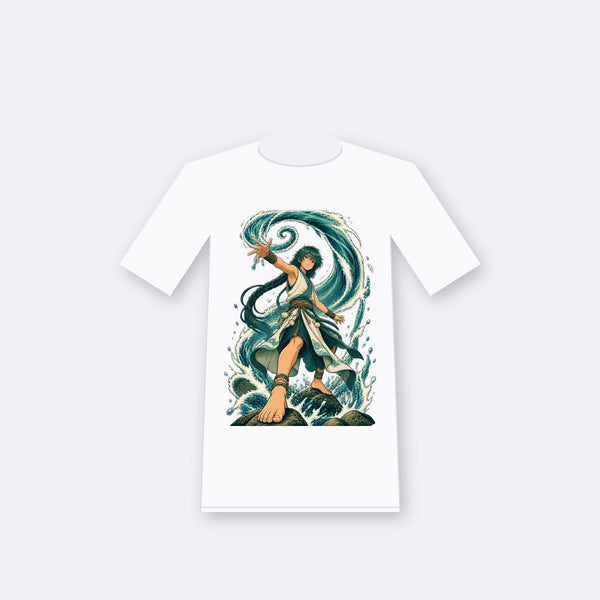 Tidecaller original anime-inspired graphic on a white oversize tee