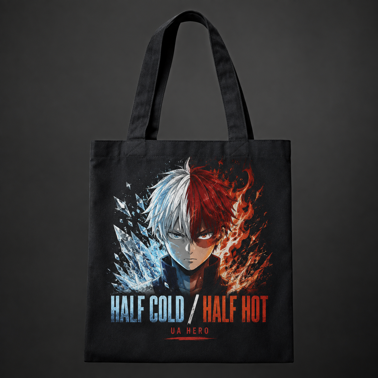 Black tote bag with Todoroki My Hero Academia Half Cold Half Hot graphic – photo 1