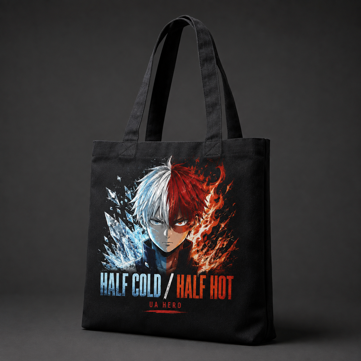 Black tote bag with Todoroki My Hero Academia Half Cold Half Hot graphic – photo 2