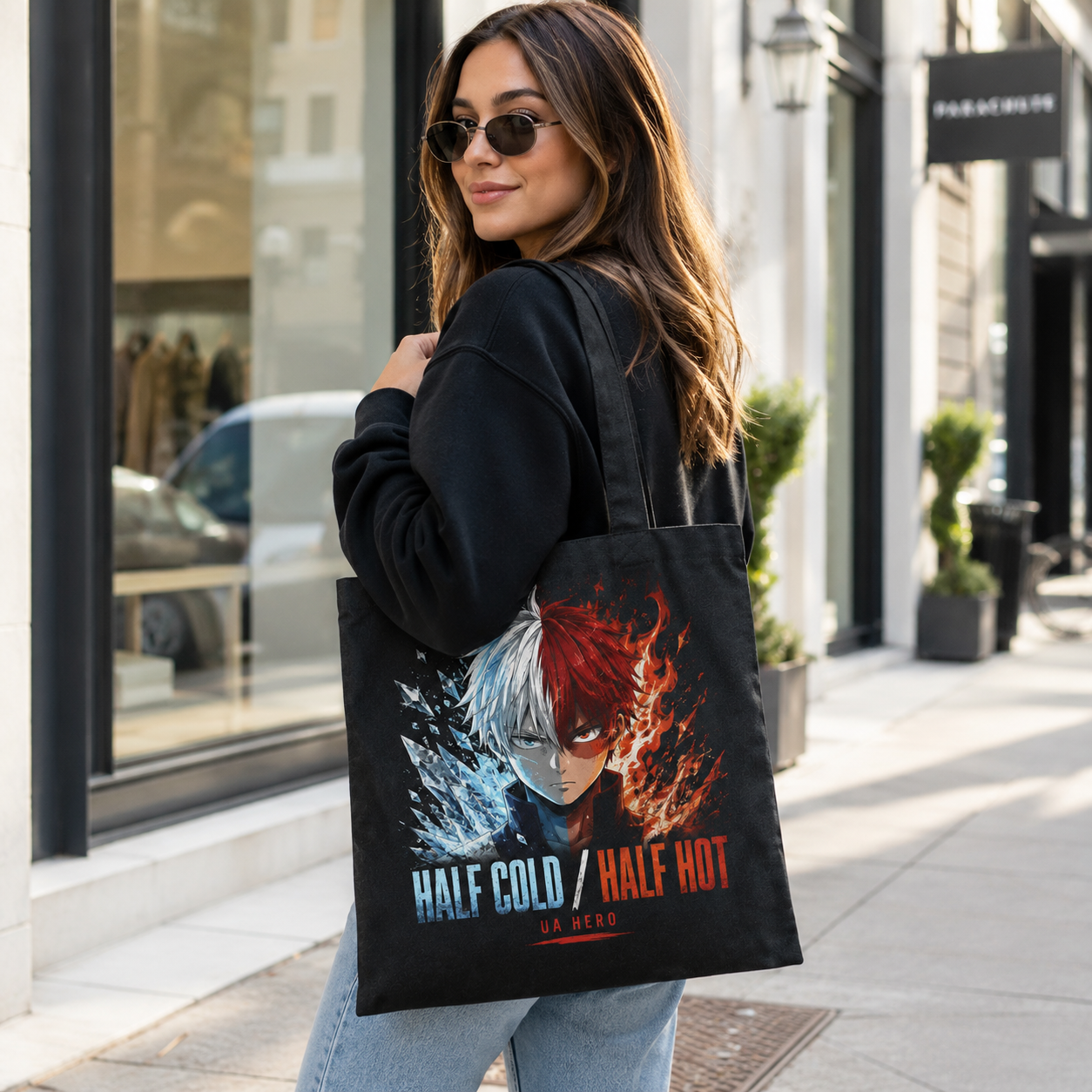 Black tote bag with Todoroki My Hero Academia Half Cold Half Hot graphic – photo 3