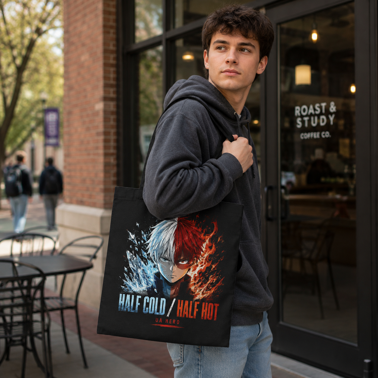 Black tote bag with Todoroki My Hero Academia Half Cold Half Hot graphic – photo 4