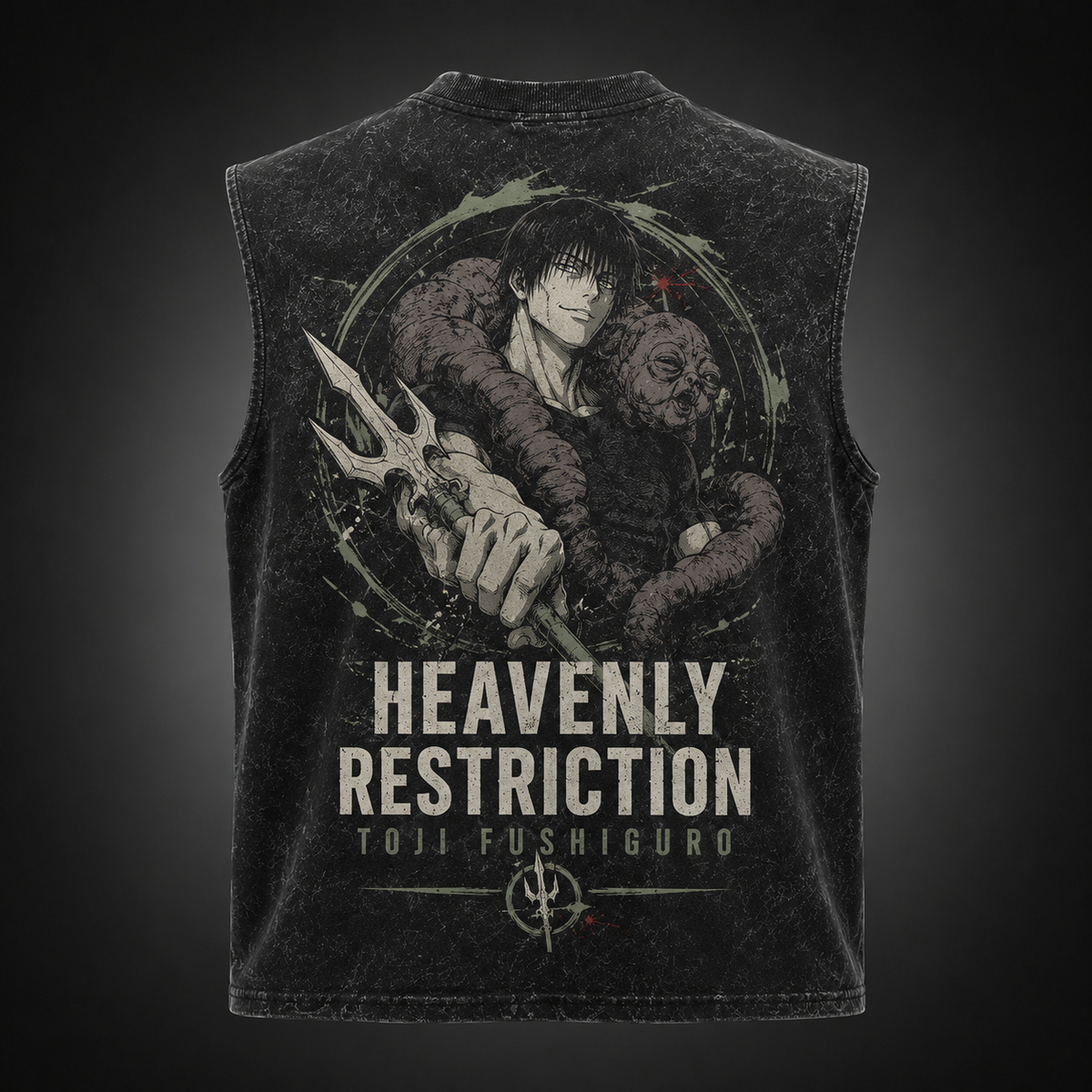 Washed black tank top with Toji Fushiguro Jujutsu Kaisen Heavenly Restriction graphic – photo 2