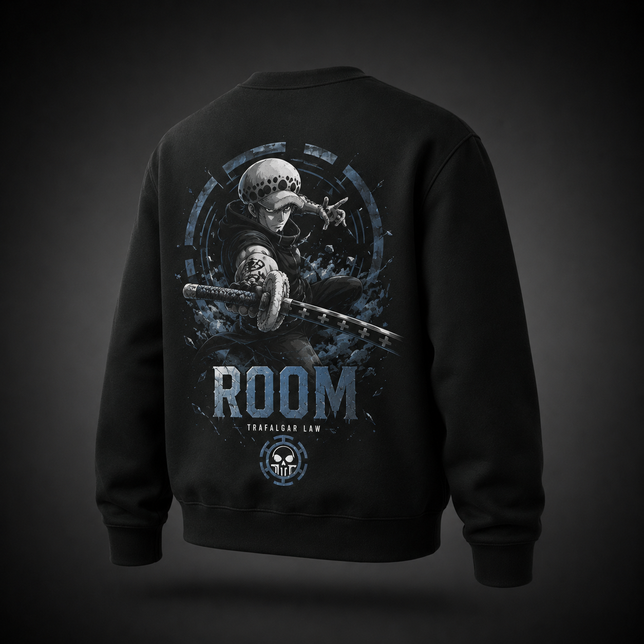 Black sweatshirt with Trafalgar Law One Piece Room Surgeon graphic – photo 1