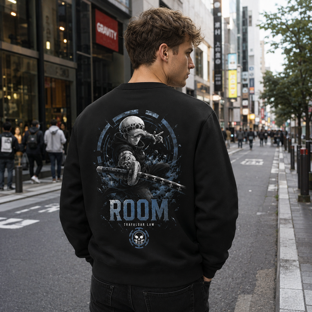 Black sweatshirt with Trafalgar Law One Piece Room Surgeon graphic – photo 3