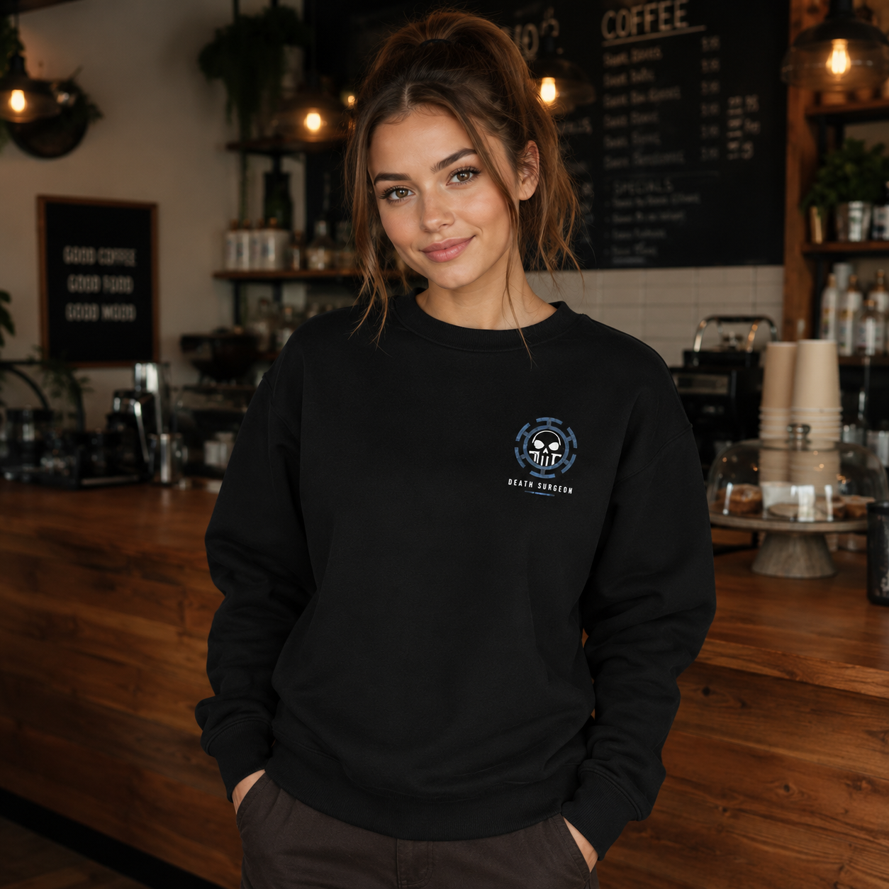 Black sweatshirt with Trafalgar Law One Piece Room Surgeon graphic – photo 4