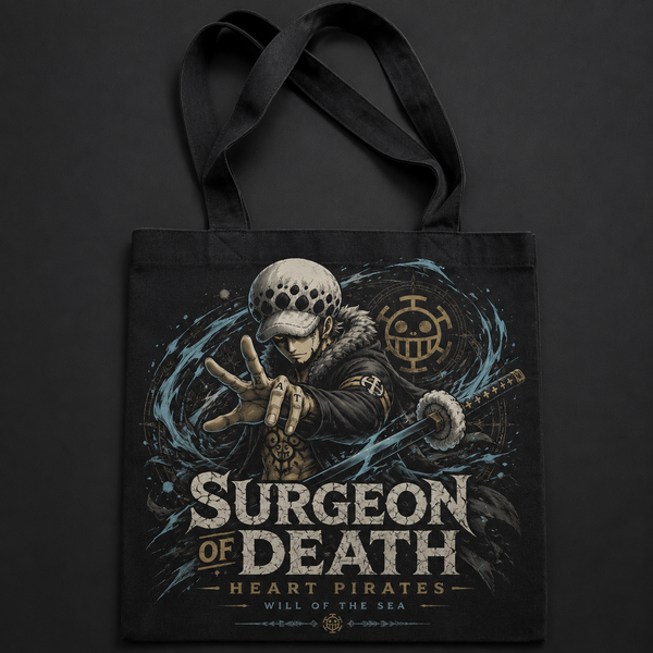 Black tote bag with Trafalgar Law One Piece Surgeon Of Death graphic – photo 1