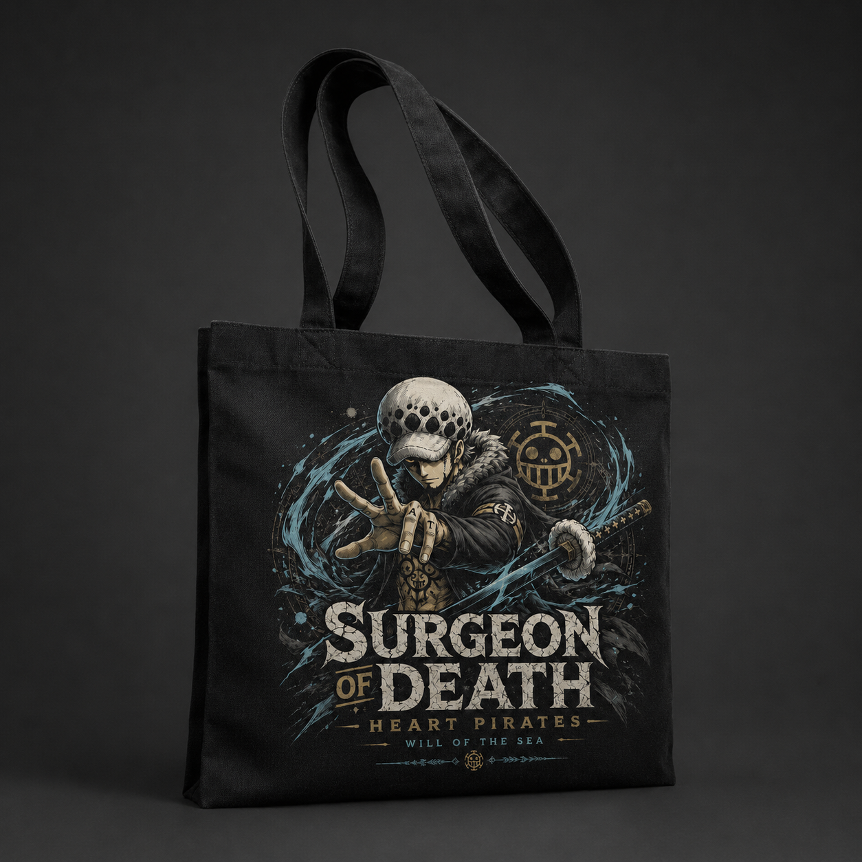 Black tote bag with Trafalgar Law One Piece Surgeon Of Death graphic – photo 2