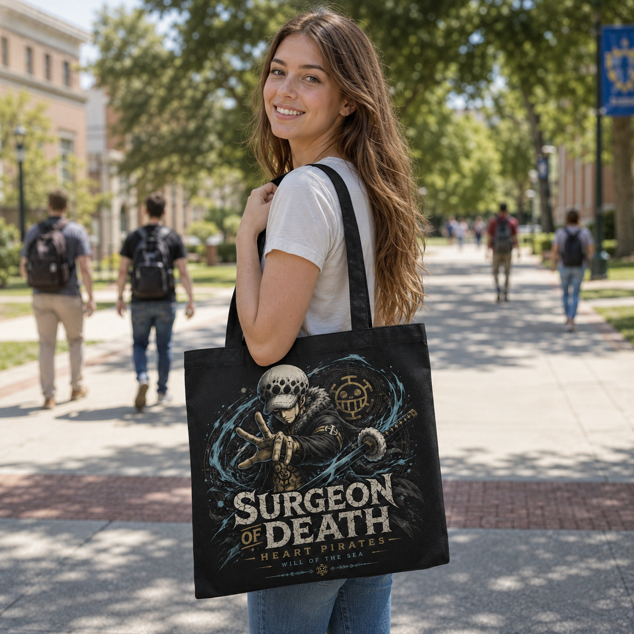 Black tote bag with Trafalgar Law One Piece Surgeon Of Death graphic – photo 3