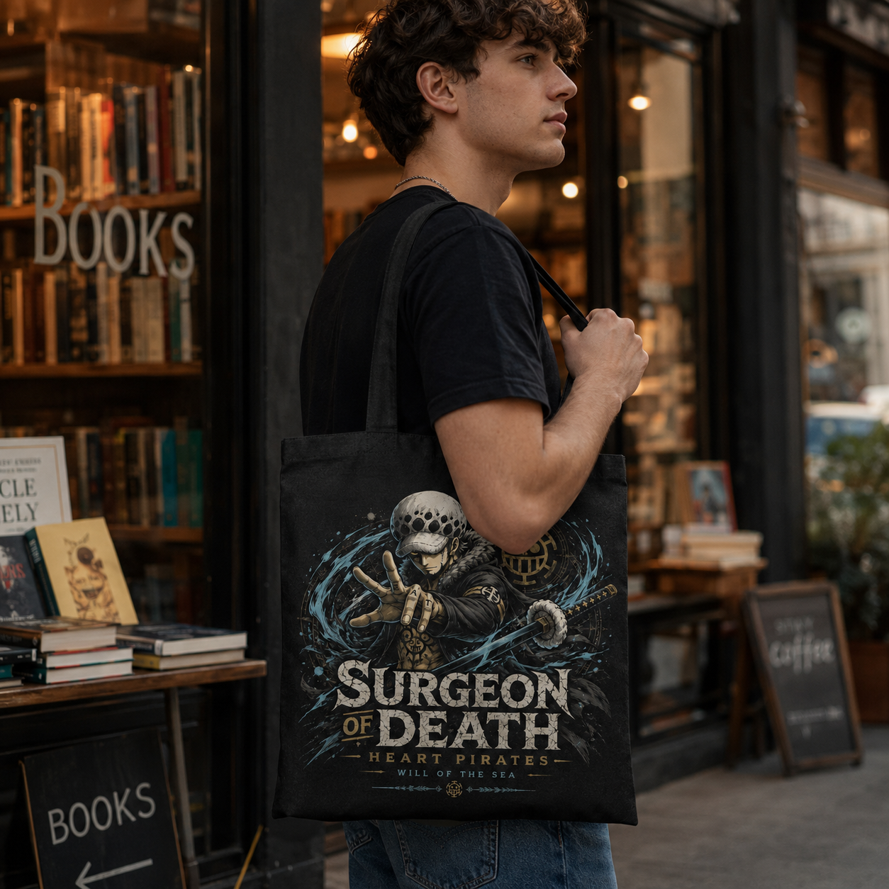 Black tote bag with Trafalgar Law One Piece Surgeon Of Death graphic – photo 4