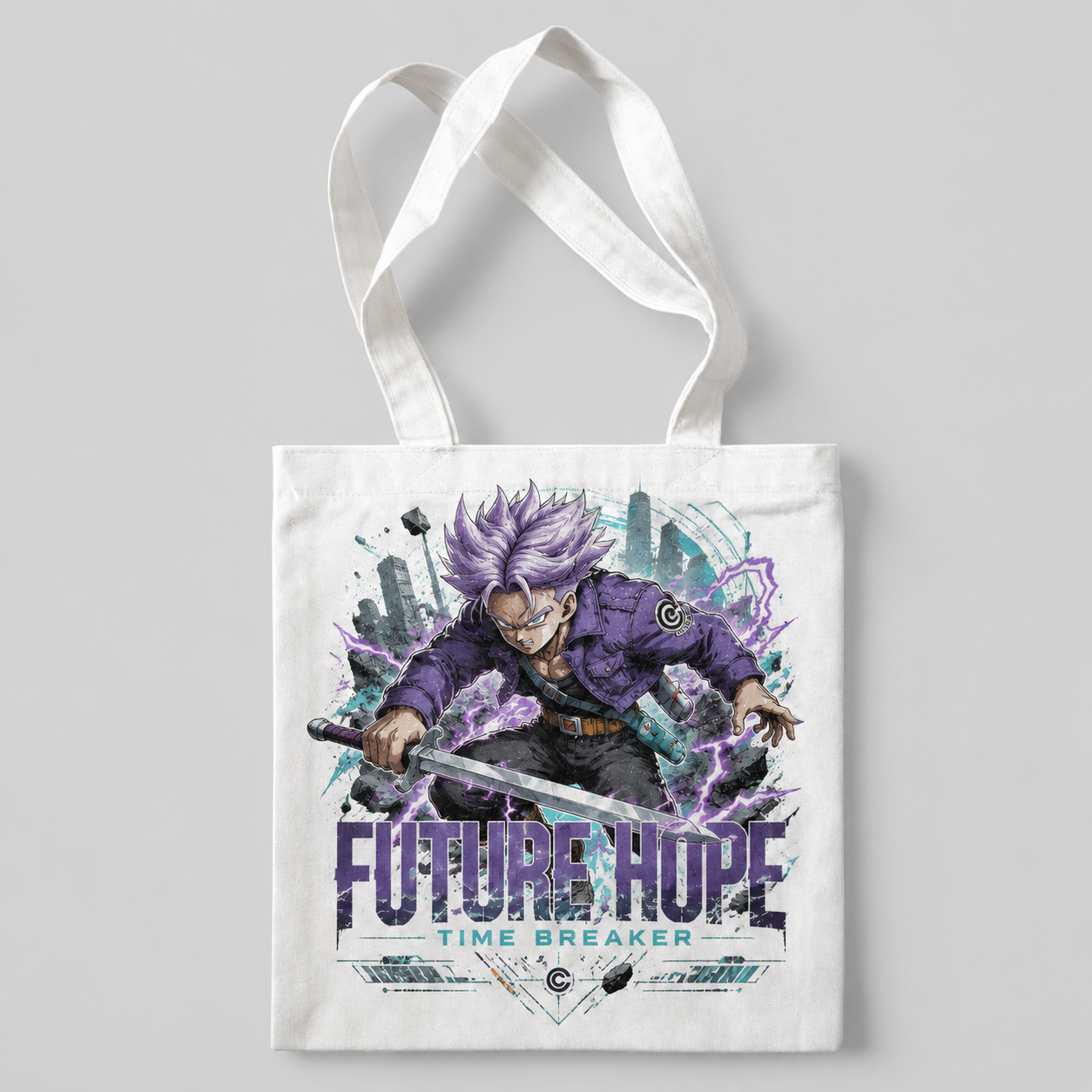 White tote bag with Trunks Dragon Ball Future Hope graphic – photo 1