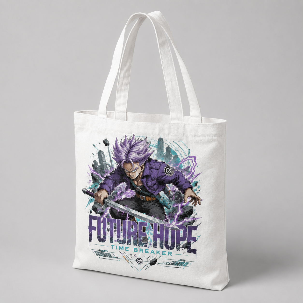 White tote bag with Trunks Dragon Ball Future Hope graphic – photo 2