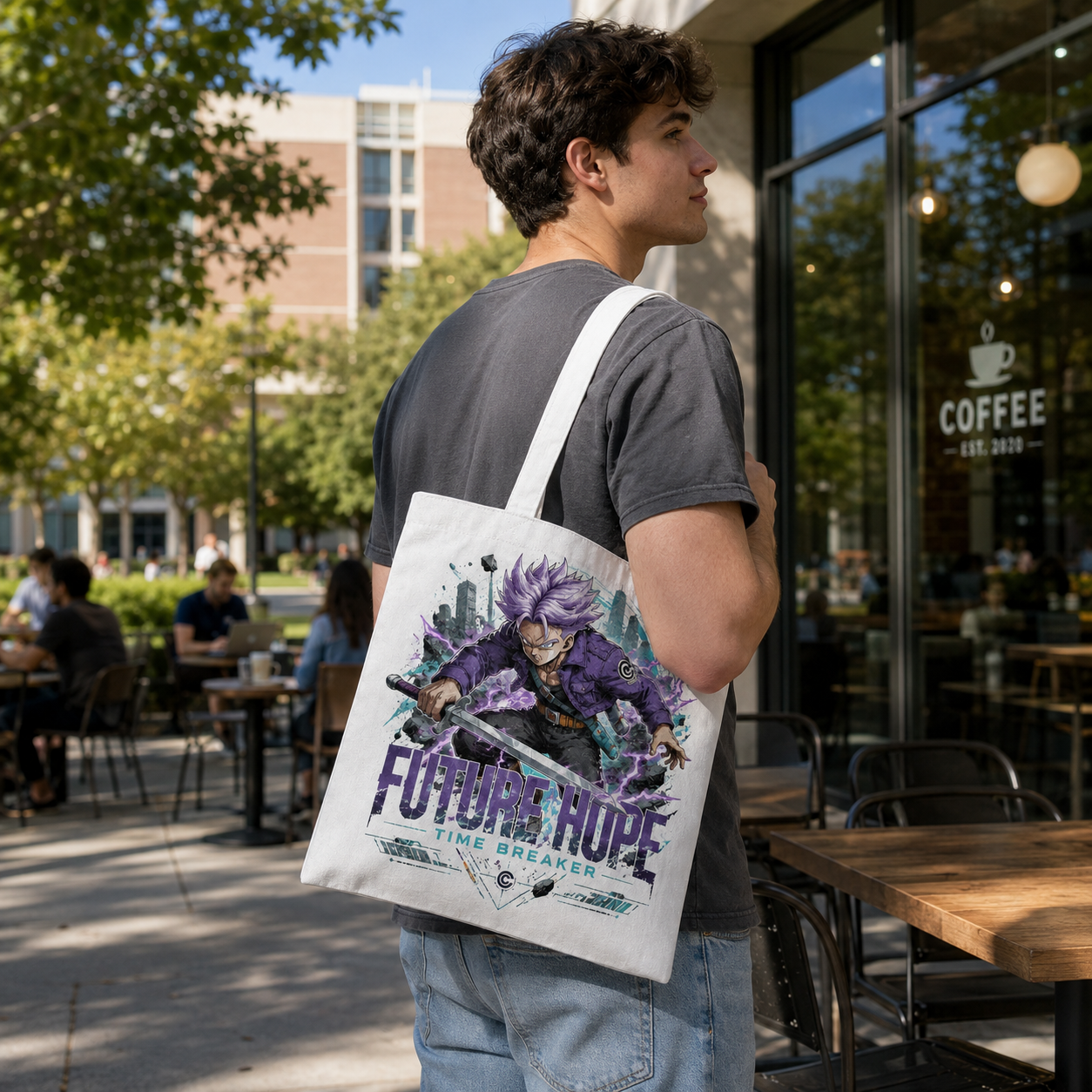 White tote bag with Trunks Dragon Ball Future Hope graphic – photo 4