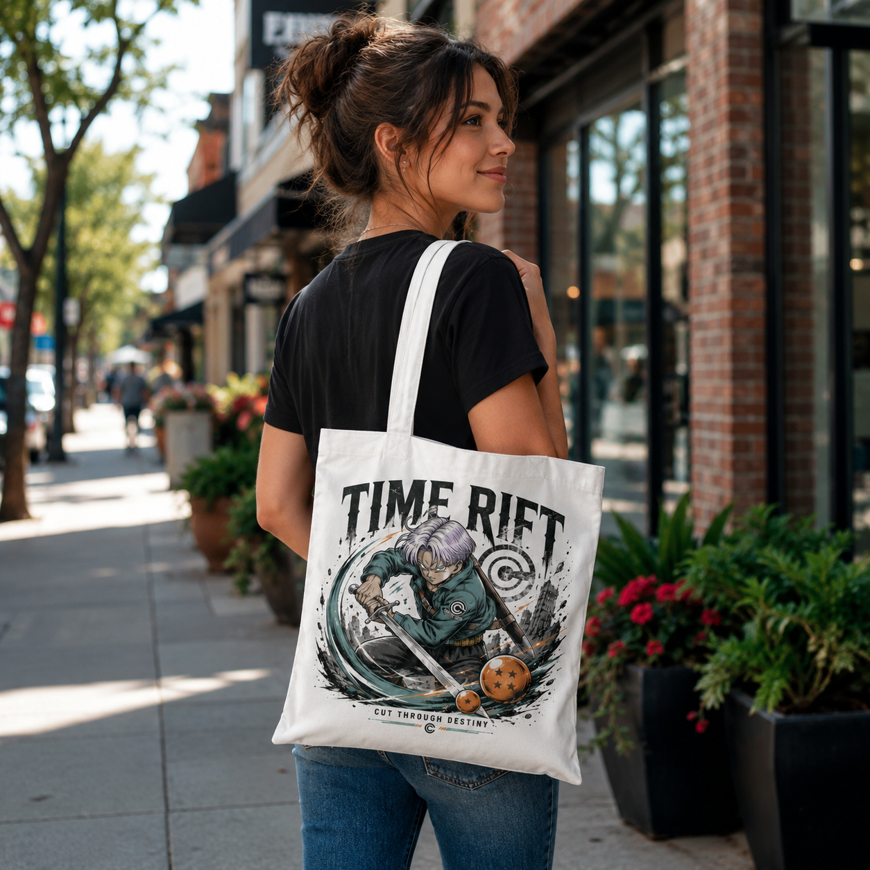 White tote bag with Trunks Dragon Ball Time Rift graphic – photo 3
