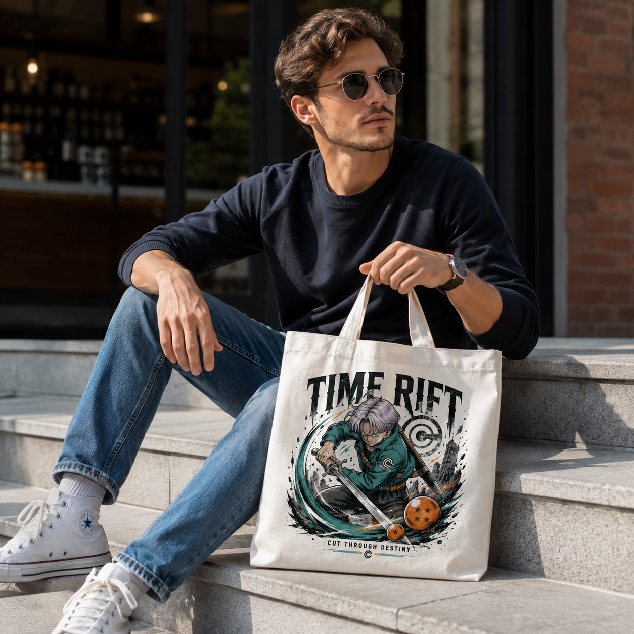 White tote bag with Trunks Dragon Ball Time Rift graphic – photo 4