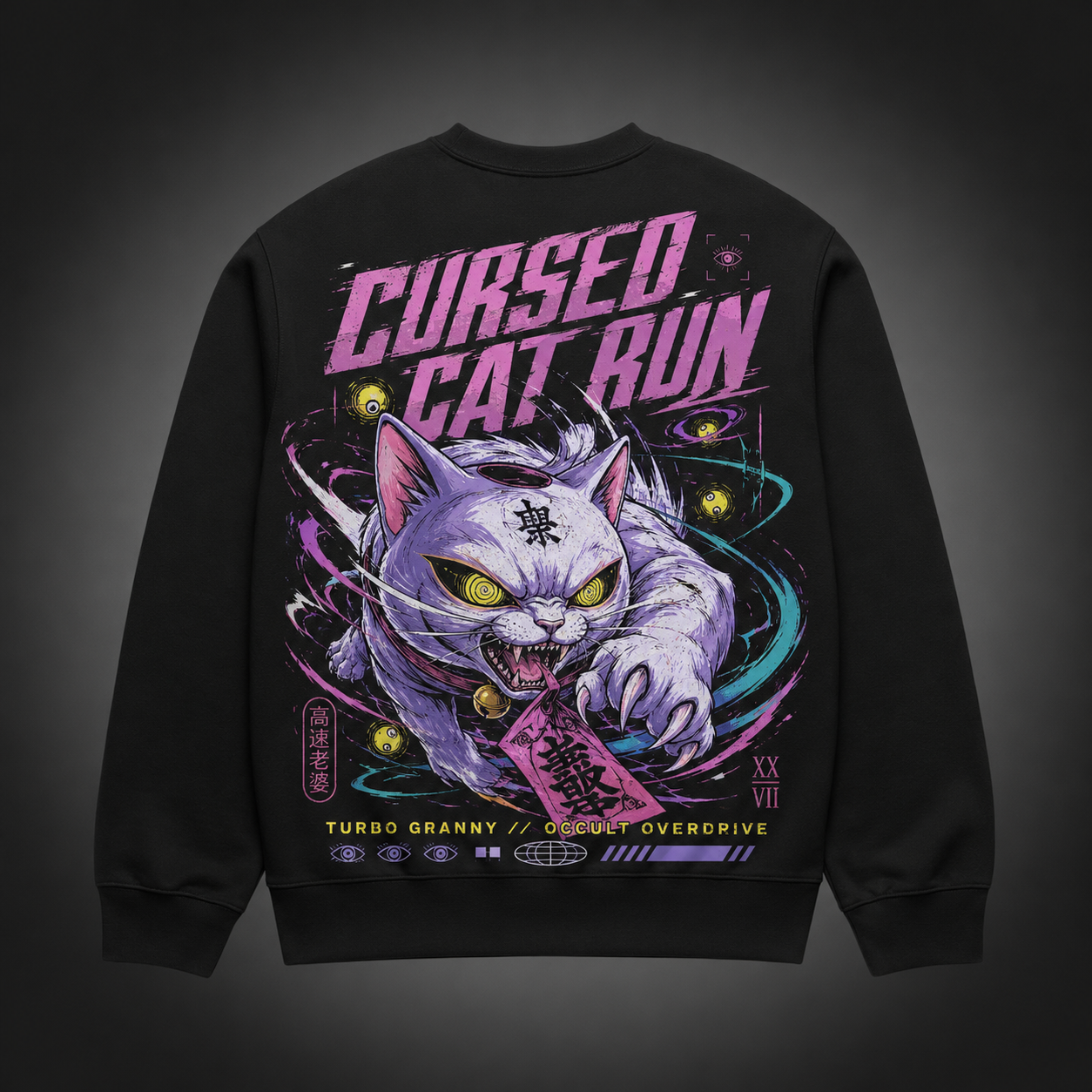 Black sweatshirt with Turbo Granny Dandadan Cursed Cat Run graphic – photo 1