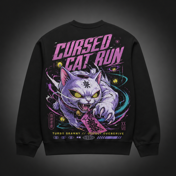 Black sweatshirt with Turbo Granny Dandadan Cursed Cat Run graphic – photo 1