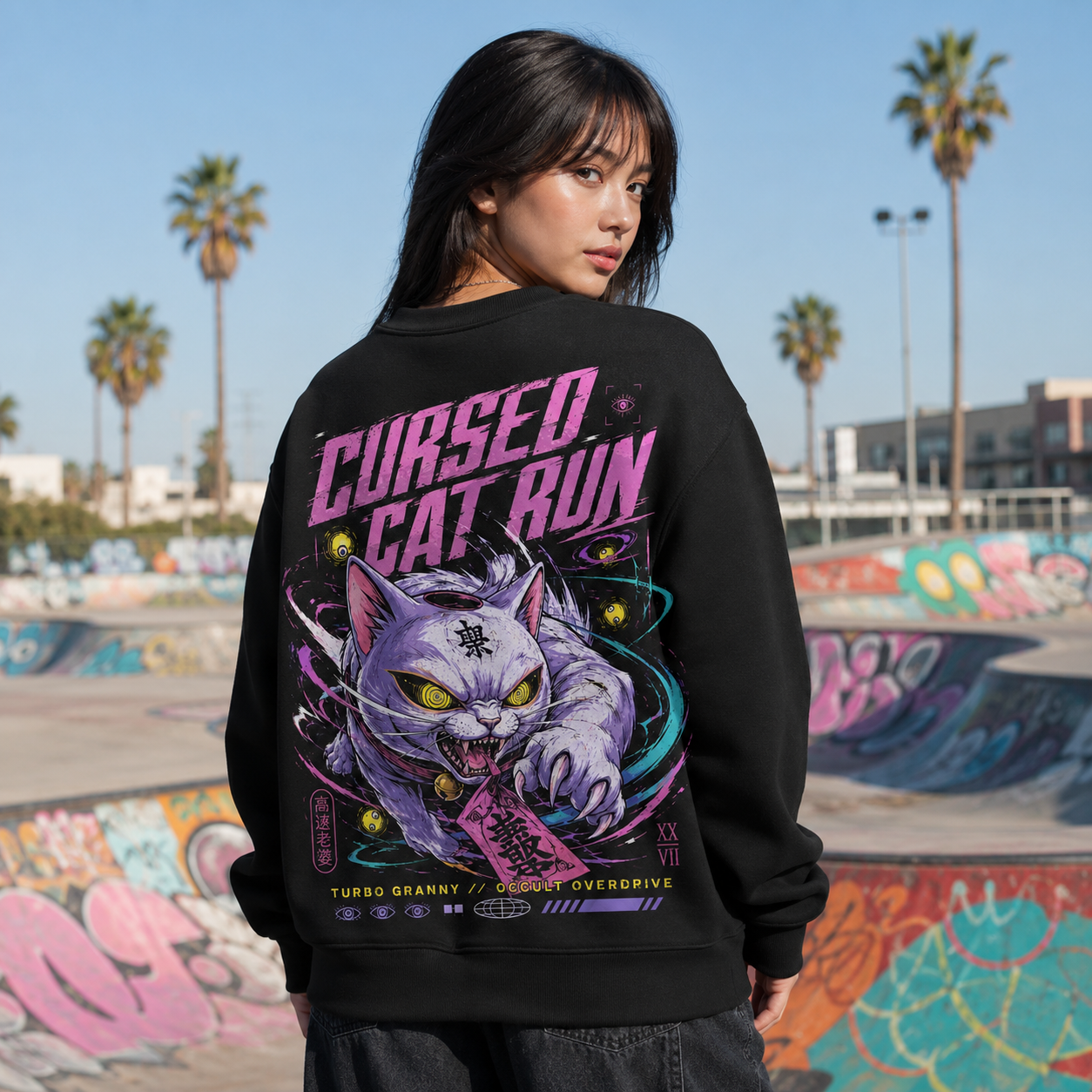 Black sweatshirt with Turbo Granny Dandadan Cursed Cat Run graphic – photo 3