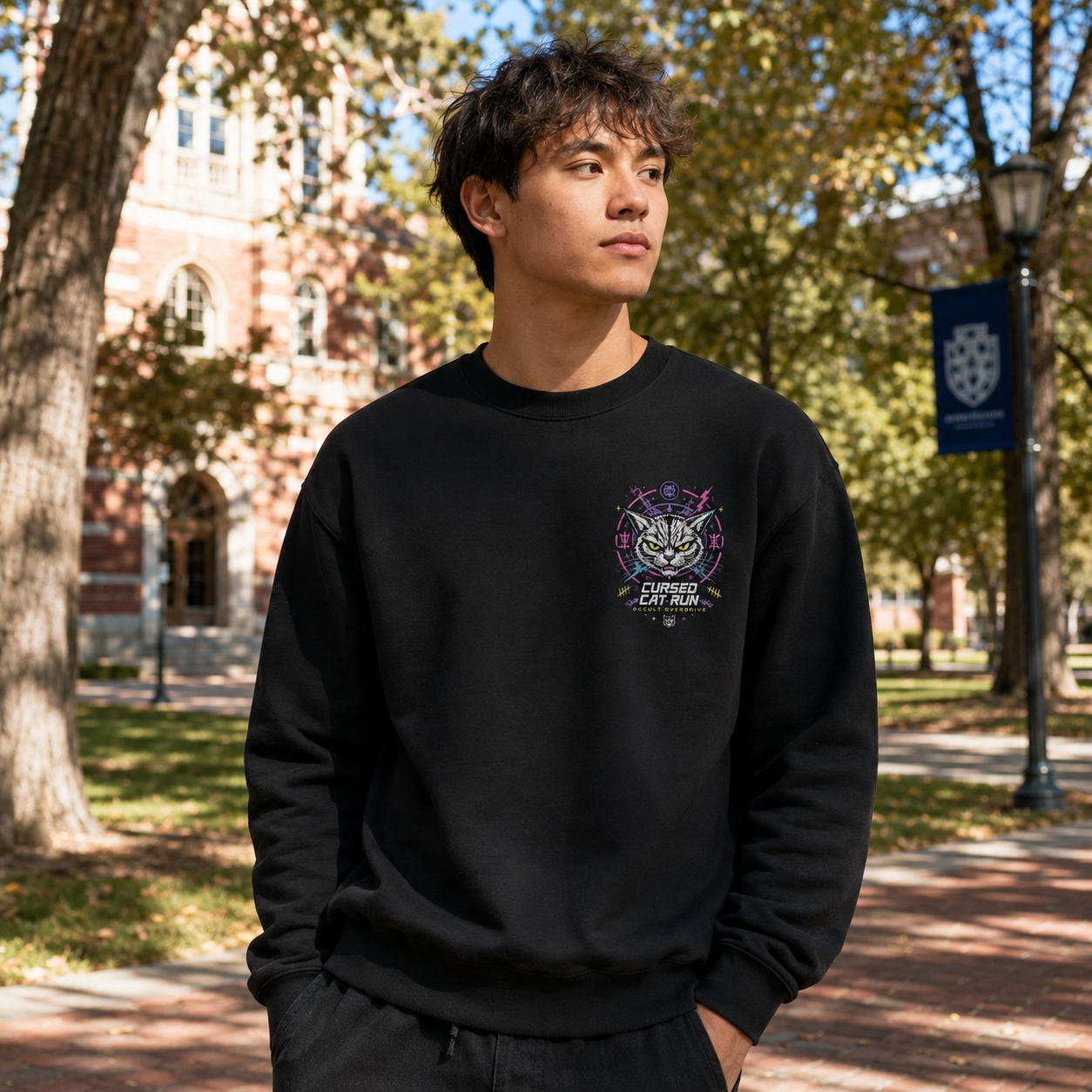 Black sweatshirt with Turbo Granny Dandadan Cursed Cat Run graphic – photo 4
