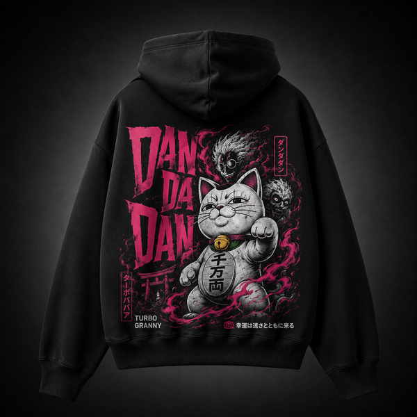 Black hoodie with Turbo Granny Dandadan Lucky Cat Spirit graphic – photo 1