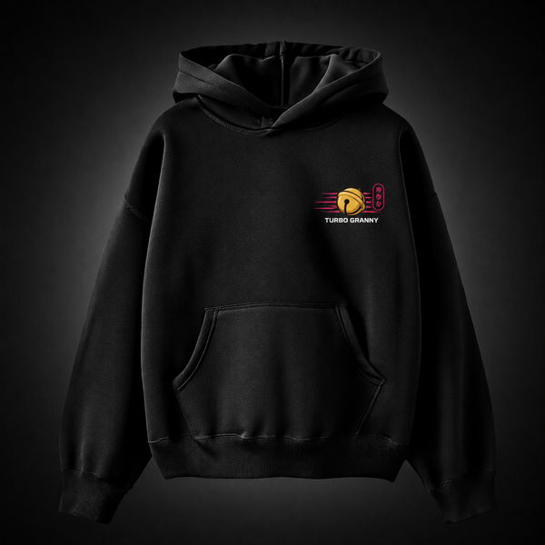 Black hoodie with Turbo Granny Dandadan Lucky Cat Spirit graphic – photo 2