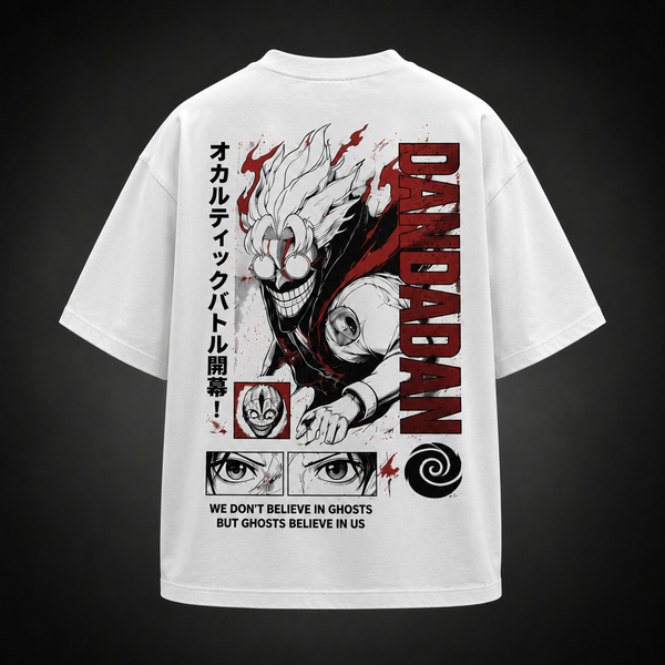 White t-shirt with Turbo Granny Dandadan We Don't Believe In Ghosts graphic – photo 1
