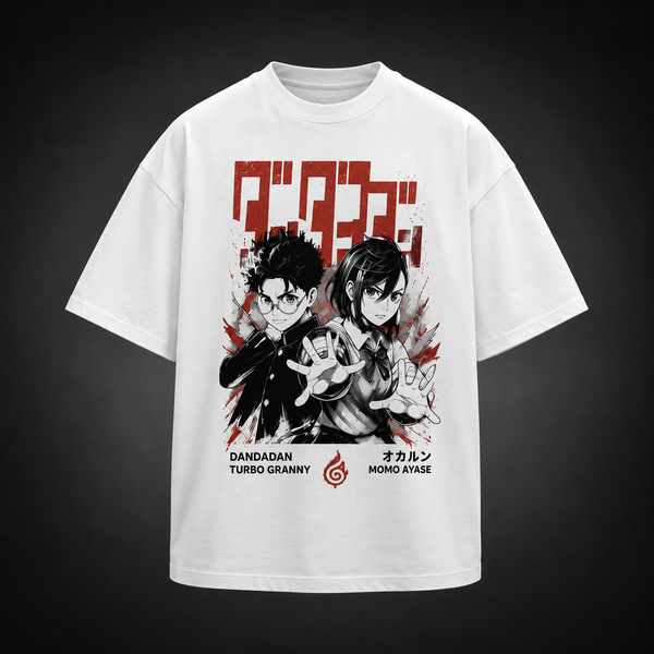 White t-shirt with Turbo Granny Dandadan We Don't Believe In Ghosts graphic – photo 2