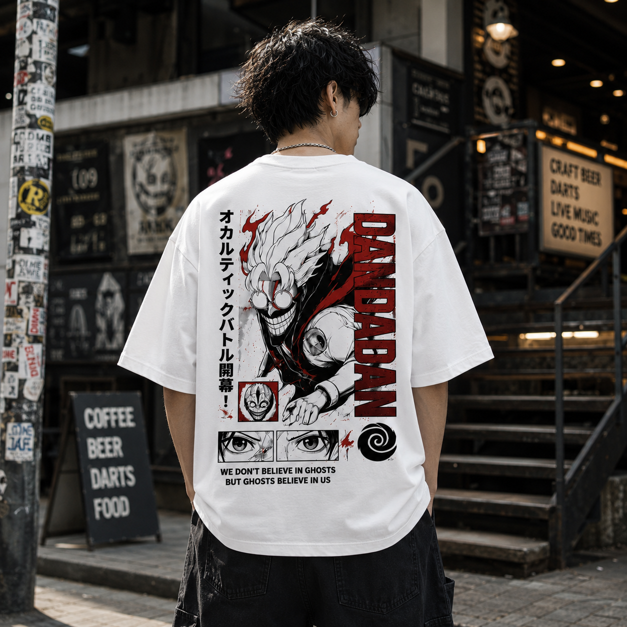 White t-shirt with Turbo Granny Dandadan We Don't Believe In Ghosts graphic – photo 3