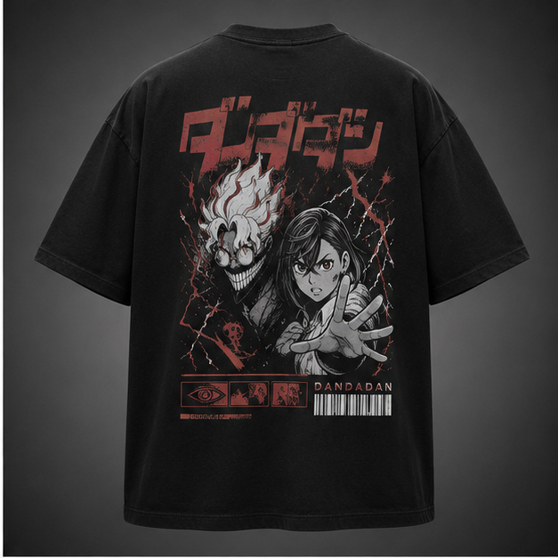 Black t-shirt with Turbo Granny & Momo Ayase Dandadan Occult Lightning Duo graphic – photo 1