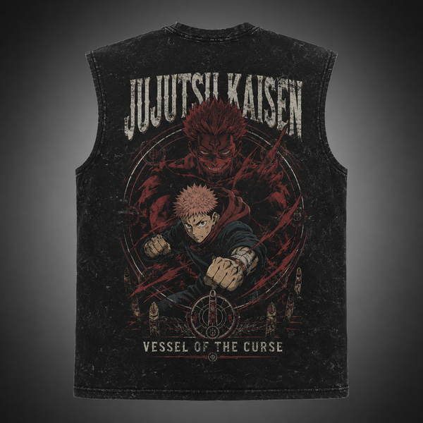 Washed black tank top with Yuji Itadori Jujutsu Kaisen Vessel Of Curse graphic – photo 1