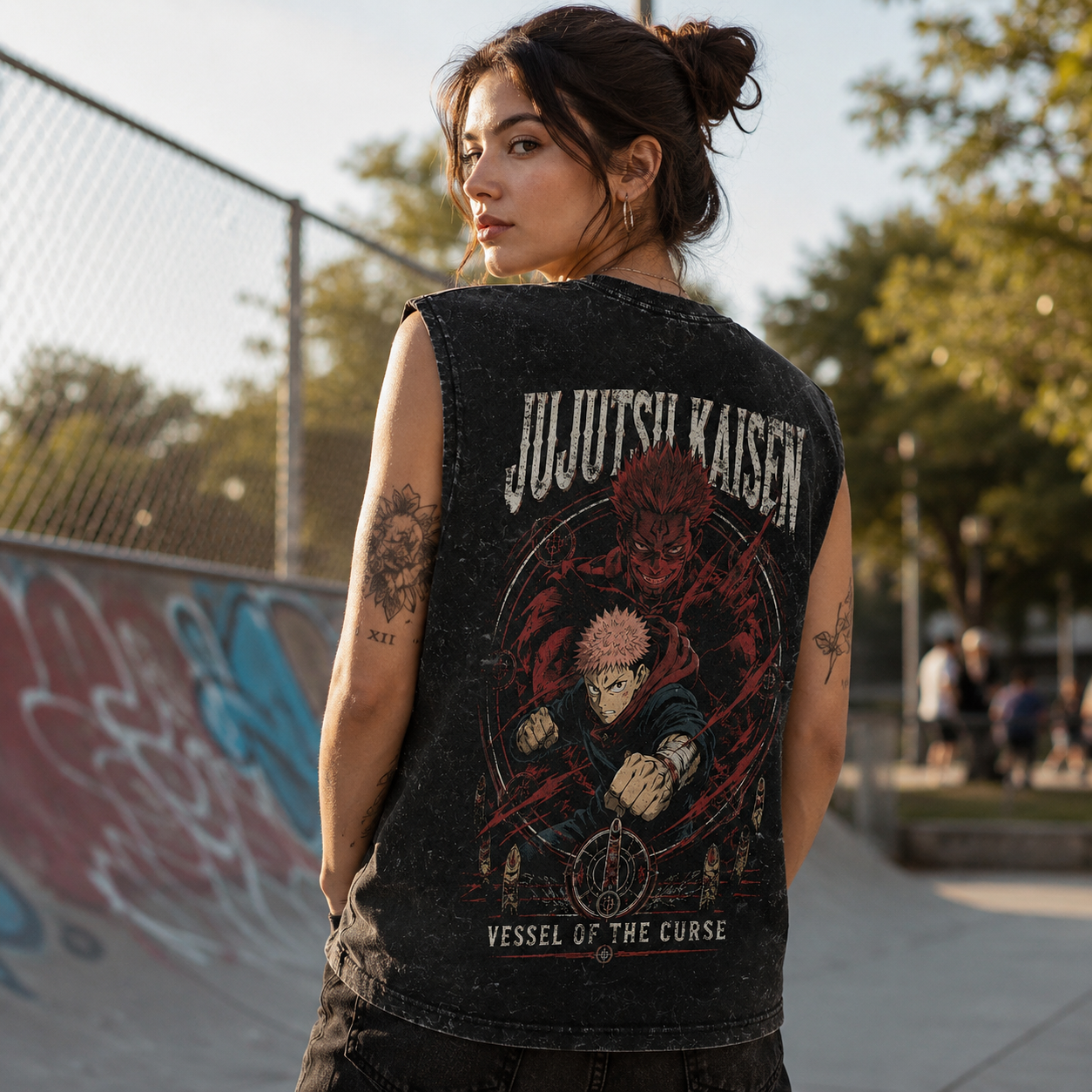 Washed black tank top with Yuji Itadori Jujutsu Kaisen Vessel Of Curse graphic – photo 3