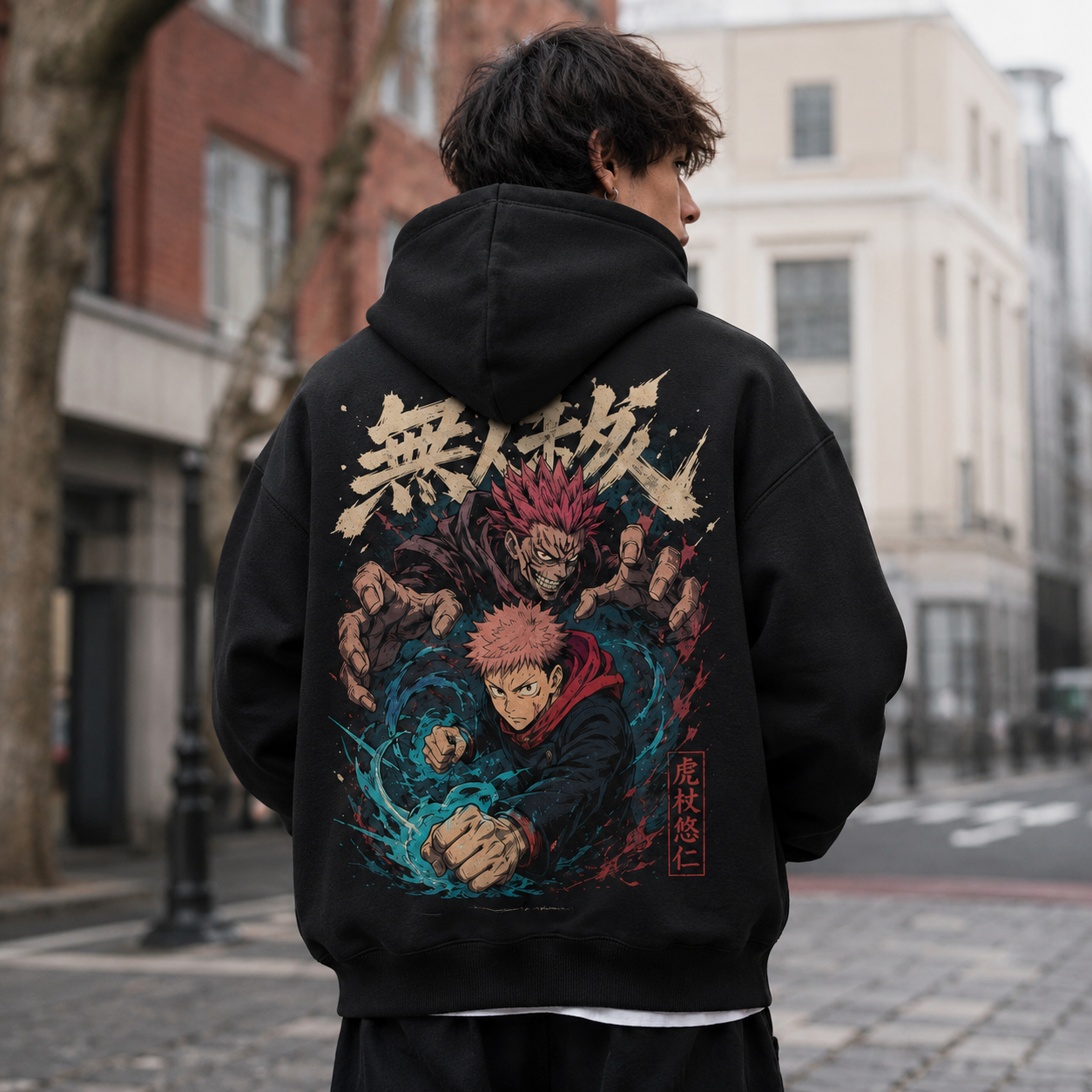 Black hoodie with Yuji Itadori Jujutsu Kaisen Vintage Yuji Poster graphic – photo 3