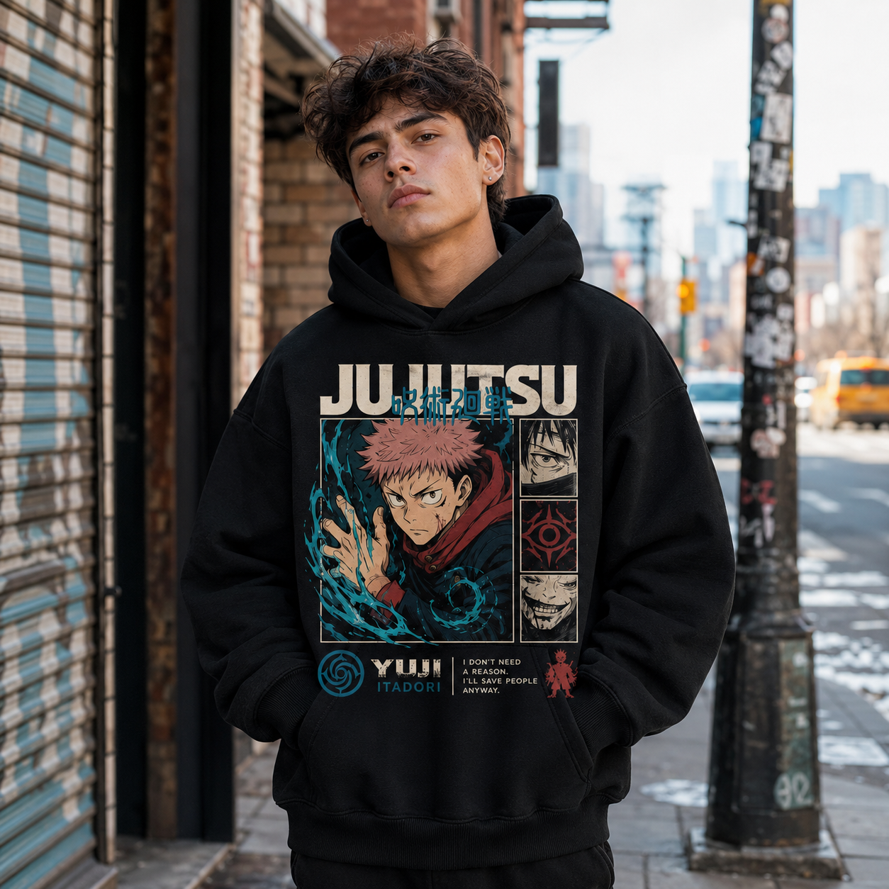Black hoodie with Yuji Itadori Jujutsu Kaisen Vintage Yuji Poster graphic – photo 4