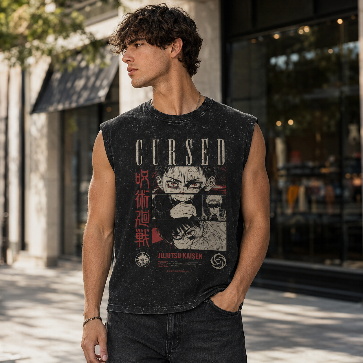Washed black tank top with Yuta Okkotsu Jujutsu Kaisen Cursed Manga Panels graphic – photo 4